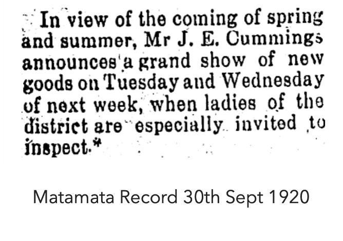 Newspaper advertisement from the Matamata Record, September 30, 1920, announcing Mr. J. E. Cummings' spring and summer goods showcase.
