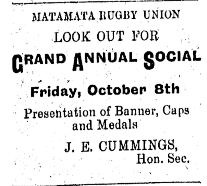 Newspaper notice for the Matamata Rugby Union Grand Annual Social on Friday, October 8th, organized by J. E. Cummings.