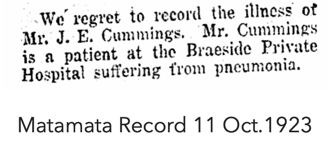Newspaper notice from the Matamata Record, October 11, 1923, reporting on the illness of Mr. J. E. Cummings.