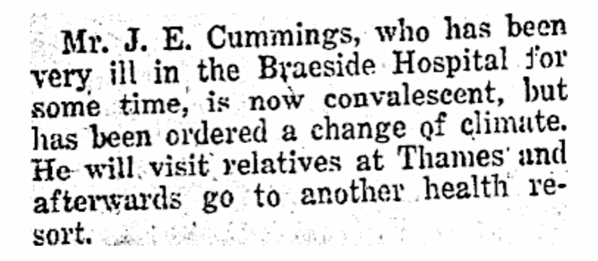 Newspaper notice reporting on Mr. J. E. Cummings' recovery at Braeside Hospital and his upcoming travel for convalescence.