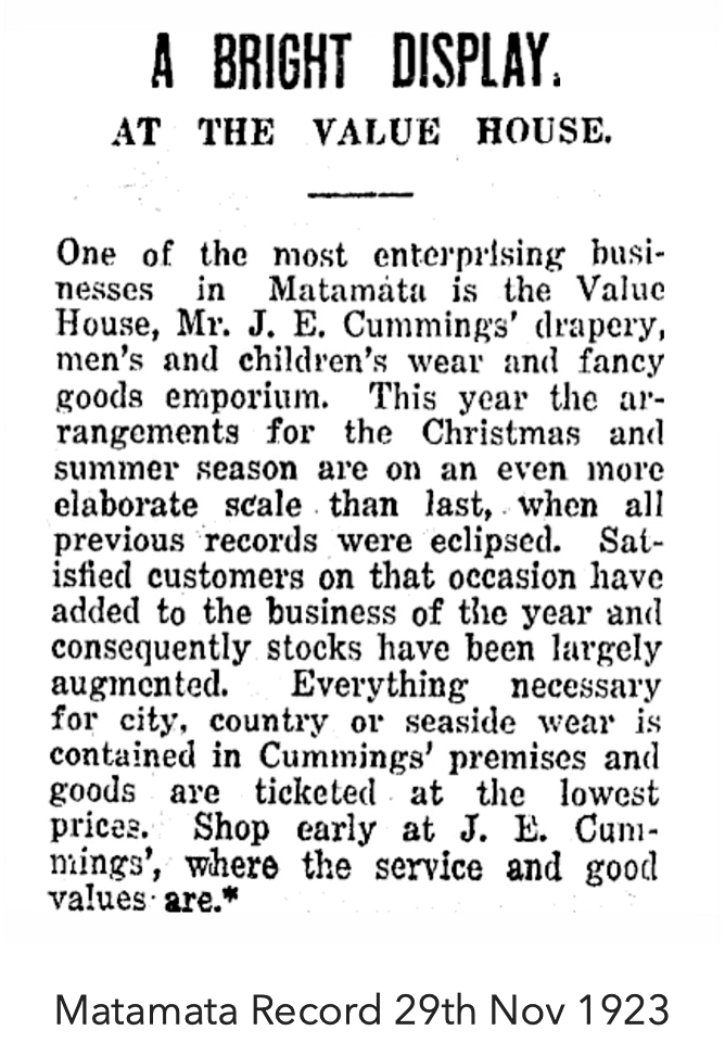 Newspaper snippet titled "A Bright Display. At The Value House" praising Mr. J. E. Cummings' drapery and fancy goods emporium in Matamata.
