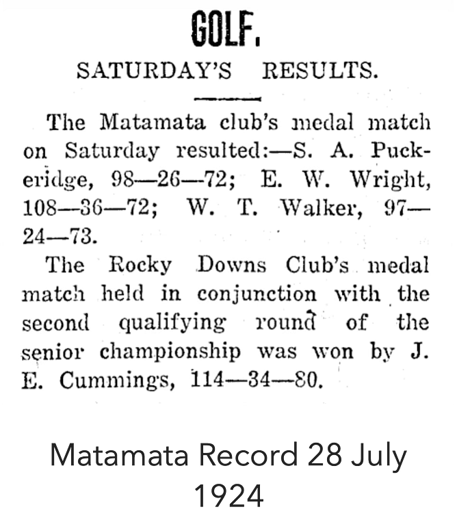 Newspaper snippet reporting Saturday golf results for the Matamata and Rocky Downs clubs, including a win by J. E. Cummings.
