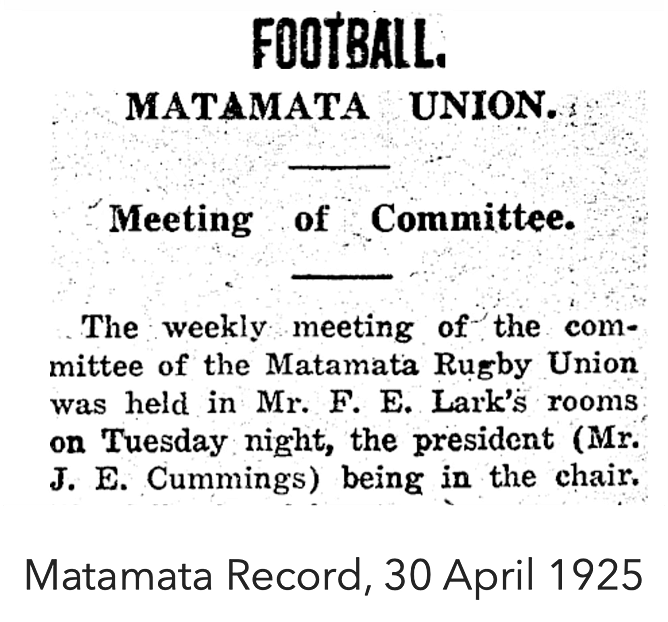 Newspaper snippet from the Matamata Record, April 30, 1925, reporting on a Matamata Rugby Union committee meeting chaired by Mr. J. E. Cummings.