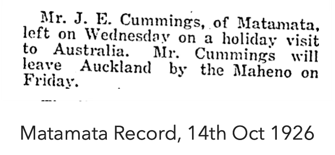 Newspaper notice from the Matamata Record, October 14, 1926, reporting on Mr. J. E. Cummings' travel to Australia aboard the Maheno.