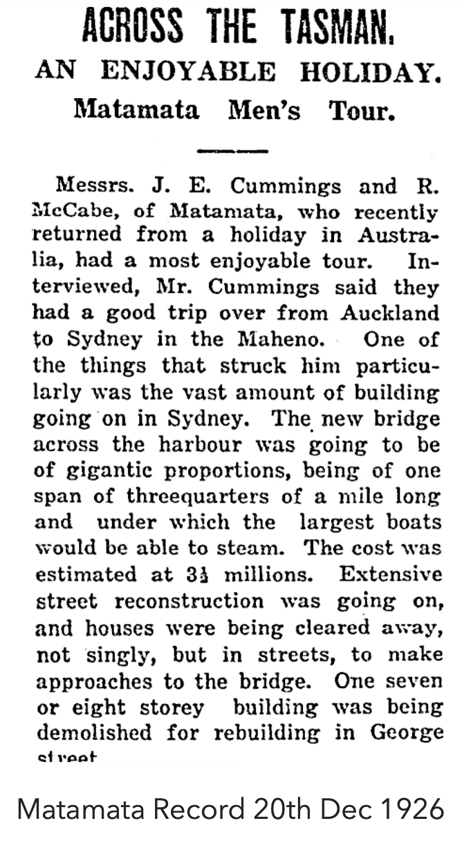 Newspaper snippet headlined "ACROSS THE TASMAN" reporting on J. E. Cummings and R. McCabe's holiday trip to Sydney, Australia.
