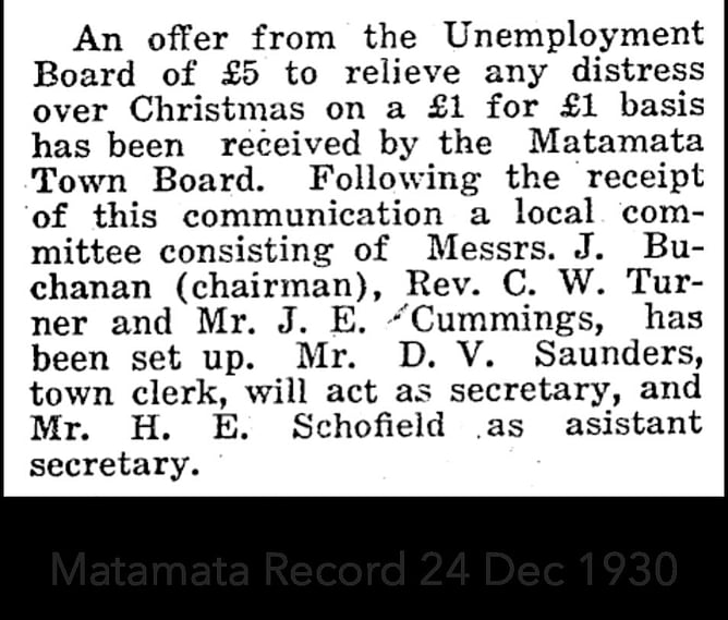 Newspaper snippet reporting on a &pound;5 Christmas distress relief offer from the Unemployment Board received by the Matamata Town Board.