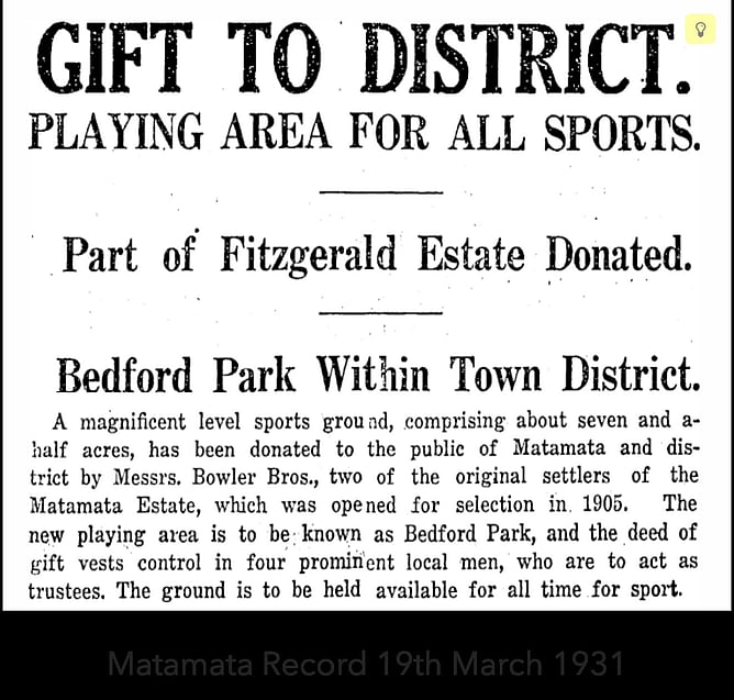 Newspaper article titled "GIFT TO DISTRICT" announcing the donation of land for Bedford Park in Matamata by Bowler Bros.