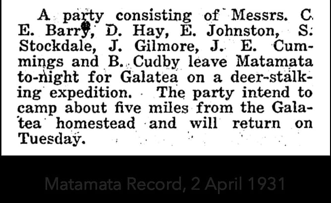 Newspaper snippet from the Matamata Record, April 2, 1931, reporting on a deer-stalking trip to Galatea involving J. E. Cummings and others.