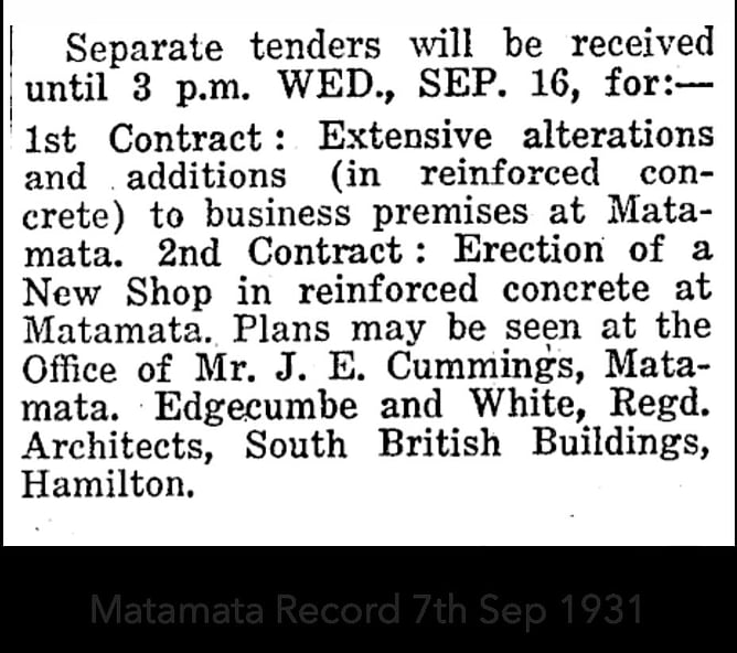 Historical tender advertisement for reinforced concrete alterations and new shop construction in Matamata, involving Edgecumbe and White Architects and J. E. Cummings.