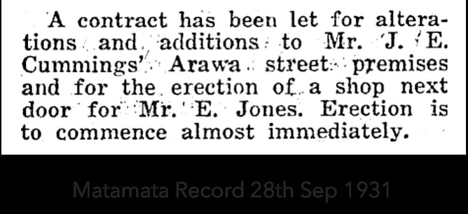 Newspaper snippet from the Matamata Record, September 28, 1931, announcing a construction contract for J. E. Cummings' Arawa Street premises and a new shop for Mr. E. Jones.