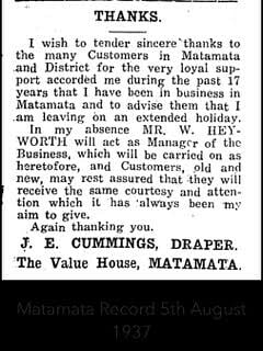 Newspaper notice from the Matamata Record, August 5, 1937, where draper J. E. Cummings thanks customers of The Value House after 17 years in business and introduces temporary manager Mr. W. Heyworth.