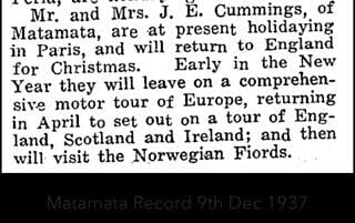 Newspaper snippet from the Matamata Record, December 9, 1937, describing Mr. and Mrs. J. E. Cummings' travel and holiday plans across Europe and the UK.