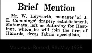 Newspaper snippet from the Matamata Record, May 9, 1938, announcing manager Mr. W. Heyworth leaving J. E. Cummings' drapery to join Harards in Hastings.