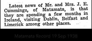Newspaper snippet from the Matamata Record, September 19, 1938, reporting on Mr. and Mrs. J. E. Cummings' travel through Ireland.