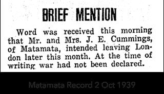 Newspaper snippet from the Matamata Record, October 2, 1939, reporting on Mr. and Mrs. J. E. Cummings' plans to leave London.