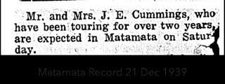 Newspaper snippet from the Matamata Record, December 21, 1939, reporting the expected arrival of Mr. and Mrs. J. E. Cummings after over two years of touring.