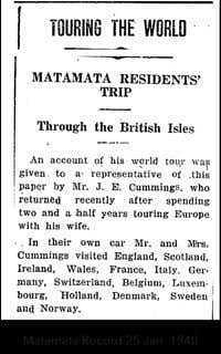 Newspaper article from the Matamata Record, January 25, 1940, detailing J. E. Cummings' two-and-a-half-year tour across Europe and the British Isles.