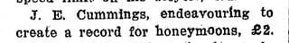 Newspaper snippet noting a &pound;2 fine or penalty for J. E. Cummings regarding a honeymoon record attempt.