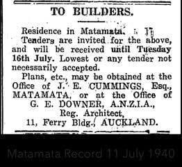 Two newspaper clippings from the Matamata Record: a tender notice for a residence (1940) and an article titled "Resident's Gift" (1942) about J. E. Cummings offering to plant cherry trees.