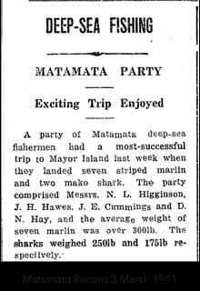 Newspaper snippet titled "DEEP-SEA FISHING" detailing a successful fishing trip to Mayor Island by a Matamata group including J. E. Cummings.