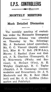 Newspaper snippet detailing a meeting of the Matamata Emergency Precautions Scheme (E.P.S.) controllers, where J. E. Cummings served as Accommodation and Evacuation controller.