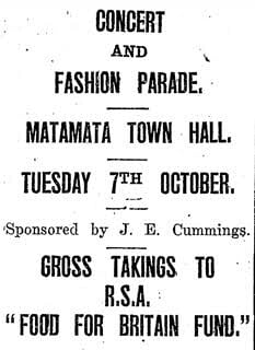 Newspaper event notice for a Concert and Fashion Parade at Matamata Town Hall, sponsored by J. E. Cummings for the R.S.A. Food for Britain Fund.