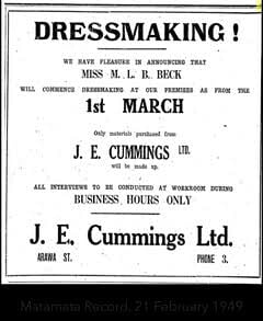 Newspaper notice from the Matamata Record, February 21, 1949, announcing dressmaking services by Miss M. L. B. Beck at J. E. Cummings Ltd. premises on Arawa Street.