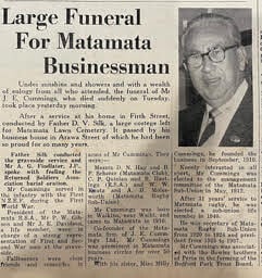 Historical newspaper obituary titled "Large Funeral For Matamata Businessman" honoring Mr. J. E. Cummings, featuring his photograph.