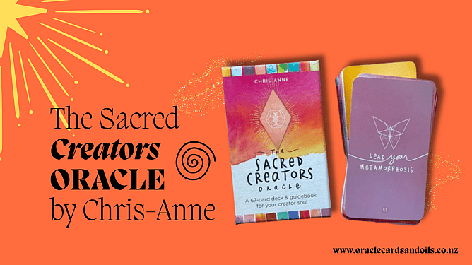 the sacred creators oracle by Chris-Anne pictured on a bright background with one card showing "Lead your Metamorphis"