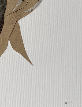 close-up image of ivory fabriano surface texture, layered cotton fragments with soft frayed edges and handwritten signature in lower right corner