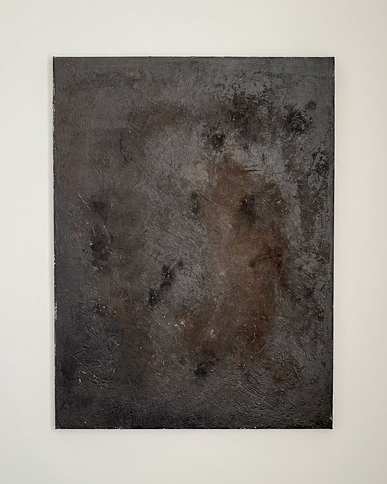 full image of atmospheric painting on linen with black and rich warm brown layers, charcoal undertones and textured mineral surface