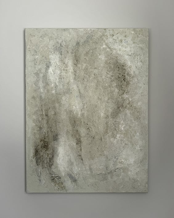 full image of weathered tonal abstract painting showing layered mineral-based texture, pockets of charcoal underlayer and mottled surface movement in muted green, pale cream and white