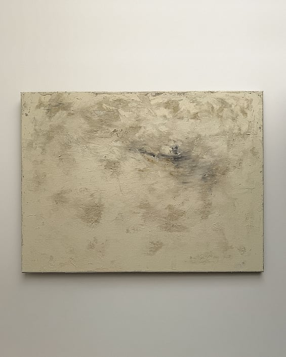 full image of textural abstract painting on linen with warm cream and stone tones, soft grey sweeps and raw sienna markings