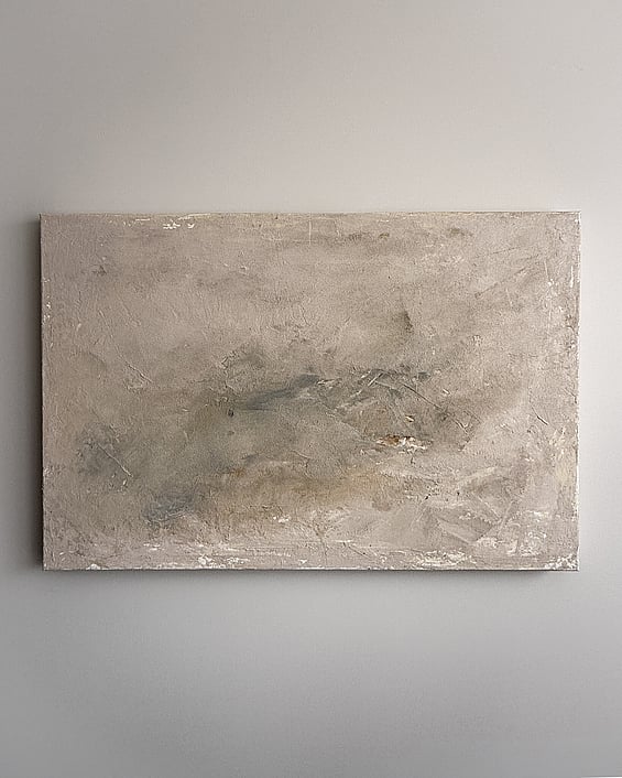full image of atmospheric landscape on linen with a subtle blush-toned surface carrying soft tactile layers of mineral patina and muted smoky earth tonal sediment