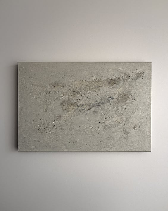 full image of abstract painting with layered mineral and stone tones, irregular clusters of scattered pumice texture, subtle raised surface and softly blended tonal layers 