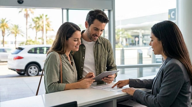 couple at a car rental counter in New Zealand