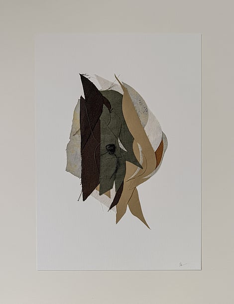full image of layered collage of neutral earth-toned linen and cotton fragments on ivory fabriano, showing soft frayed edges and handwritten signature in lower right corner