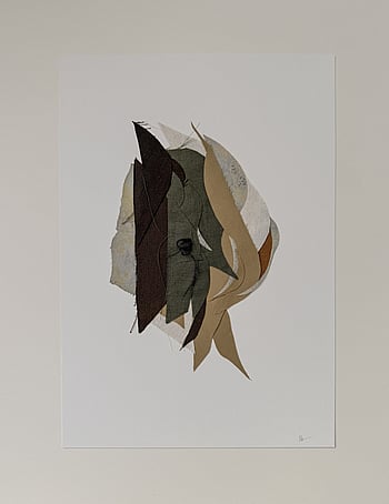 full image of layered collage of neutral earth-toned linen and cotton fragments on ivory fabriano, showing soft frayed edges and handwritten signature in lower right corner