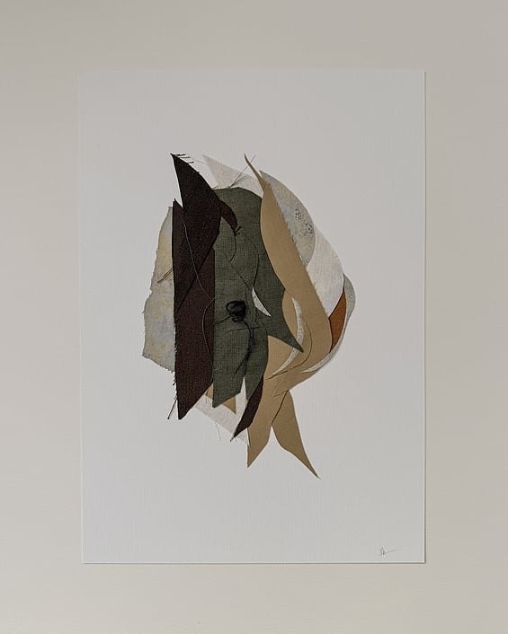 full image of layered collage of neutral earth-toned linen and cotton fragments on ivory fabriano, showing soft frayed edges and handwritten signature in lower right corner