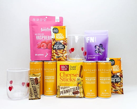 cheers to you gift box - filled with batched martini, homelab glasses, fn lemons, little beauties and a peanut slab - delivered nz wide