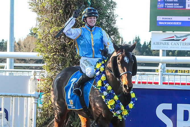 Quintabelle and Toni Davies after winning the Gr.3 Winning Edge Presentations 129th Winter Cup (1600m) on Saturday at Riccarton. - Photo: Ajay Berry (Race Images South)