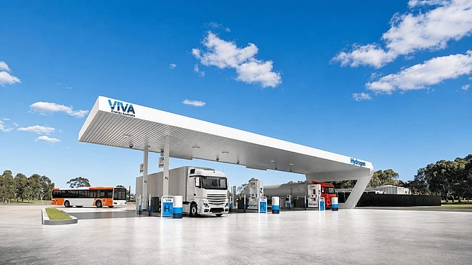 Viva Energy Australia hydrogen refuelling station in Geelong with bus and heavy vehicles at the dispenser