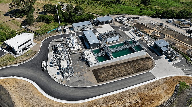 Aerial view of the Gisborne recycled water treatment plant showing treatment tanks and process infrastructure