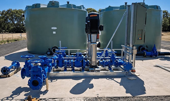 Pump skid and storage tanks at the Portarlington Water Reclamation Plant on the Bellarine Peninsula