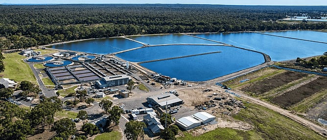 Aerial view of the Bendigo water treatment plant showing treatment tanks and storage reservoir