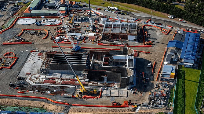 Aerial view of construction at the Selfs Point wastewater treatment facility expansion in Hobart
