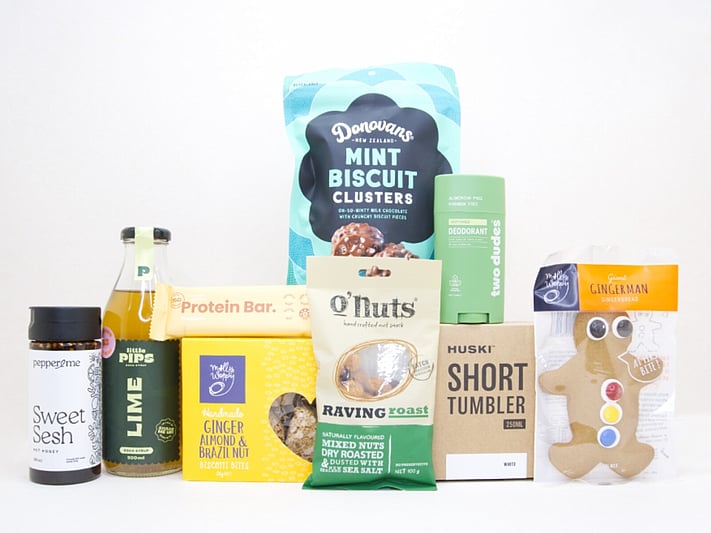 For the Guys gift box NZ &mdash; NZ-made gift box for him with protein drink, Huski cup, BBQ sauce and Pepper & Me relish