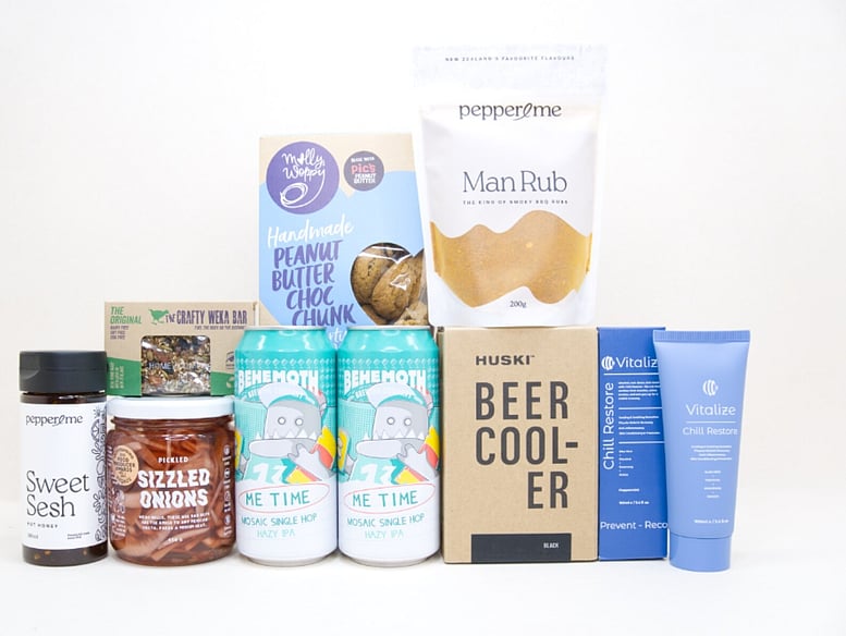 Craft Beer & BBQ Gift Box NZ with Behemoth Me Time beers, HUSKI Beer Cooler, Pepper & Me seasonings, pickled onions and gourmet snacks.