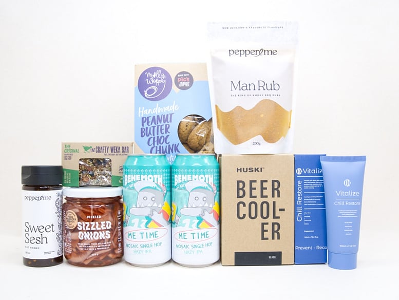 Craft Beer & BBQ Gift Box NZ with Behemoth Me Time beers, HUSKI Beer Cooler, Pepper & Me seasonings, pickled onions and gourmet snacks.