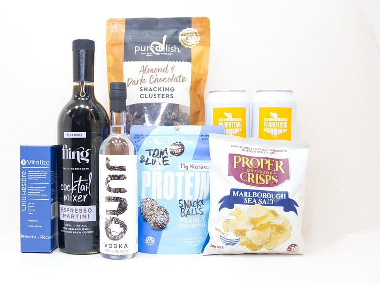 Beer & Bites Gift Box NZ featuring Behemoth Dump The Trump IPA, gourmet jerky, roasted nuts, artisan chocolate and premium snacks.